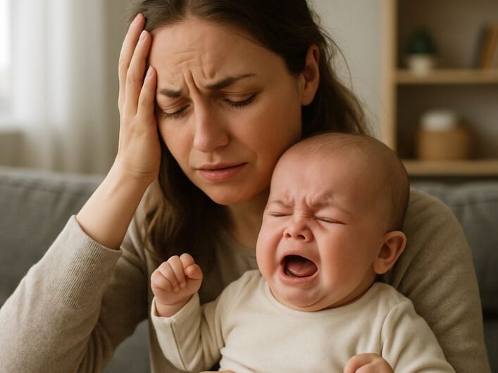 New mother experiencing postpartum depression after delivery with emotional support from healthcare professionals