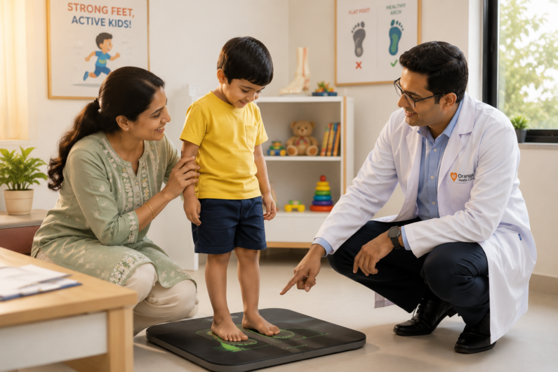 Paediatric orthopaedic specialist examining a child with flexible flat feet during a foot and gait assessment at Orange Health Care Wakad.